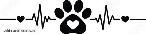 Pet Paw Heartbeat Vector, Dog Cat Love Pulse Line Animal Care Design.