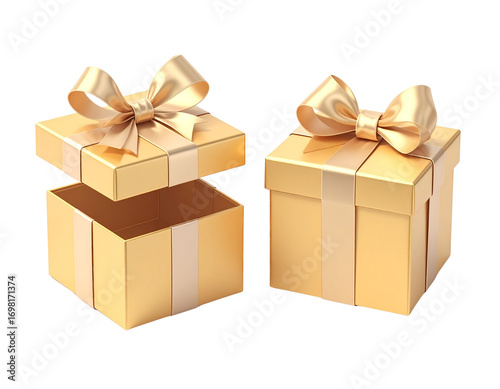 Two elegant golden gift boxes with bows, one partially opened, showcasing their shiny design and festive appeal.