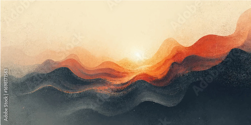 A serene landscape of mountains and hills silhouetted against a breathtaking sky at dawn, with clouds and mist filling the valley