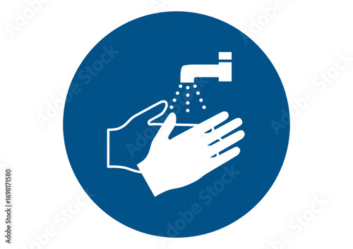 Blue and white sign washing hands mandatory. Illustration made September 11th, 2025, Zurich, Switzerland.