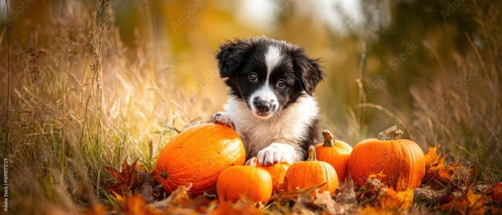 Obraz premium The Puppy Surrounded by Pumpkins in an Autumn Field of Fall Leaves and Grass