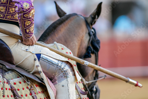 Close-up of picador in leg armor at Real Maestranza Bullring