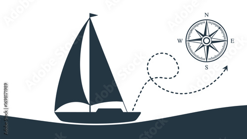 A sailboat on the water with a dotted line leading to a compass rose indicating the direction of travel