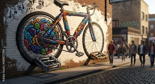 Colorful Bicycle Street Art Mural on Brick Wall with Pedestrians in Urban Environment