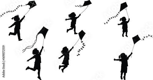 Children flying kites silhouette vectors, playful kids outdoors clipart, fun summer activity icons, carefree childhood illustrations set