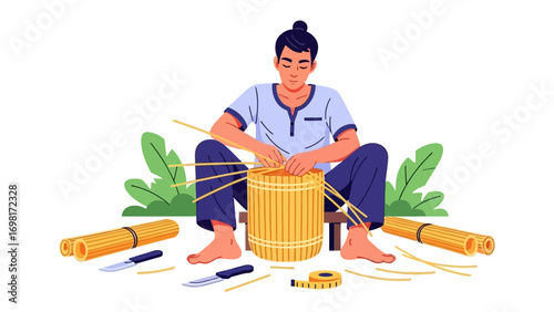 Artisan Craftsmanship: Capturing the dedication of a craftsperson meticulously weaving a basket.  Showcasing traditional skill, the image speaks to the beauty of handmade objects. 