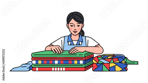 Folding Fabric: A lady diligently folds clean, colorful clothes, representing meticulous care and homemaking.