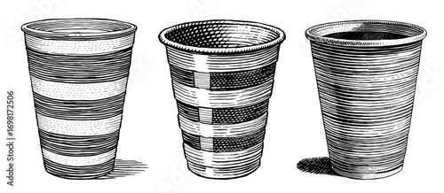 Disposable cups in a woodcut illustration style in black and white