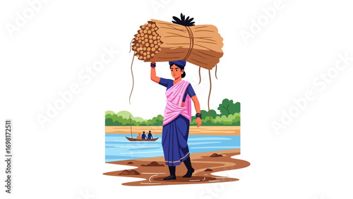 Rural Woman with Load: A woman carries a bundle of wood on her head along the riverside, with a small boat in the background. Reflecting the simplicity of rural life.