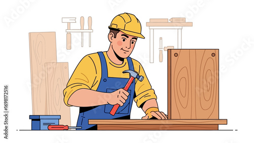 Craftsman at Work: A skilled craftsman, wearing a hard hat, meticulously hammers a nail into a wooden panel, demonstrating precision and expertise in carpentry.