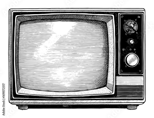 Vintage television set in a black and white woodcut style