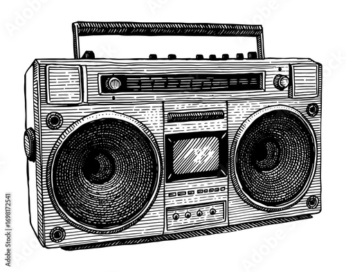 Vintage boombox in a detailed line-drawing style, in black and white