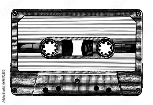 Audio cassette tape in a black and white woodcut style