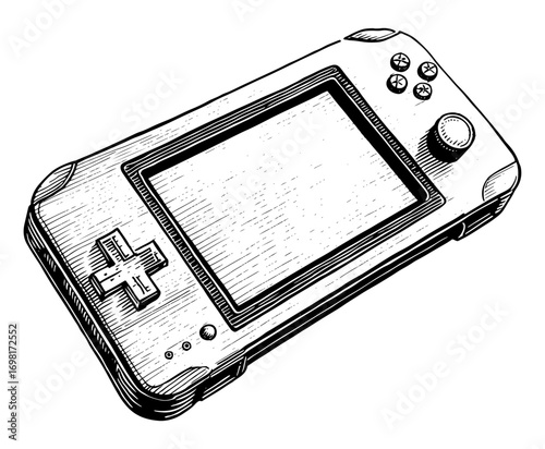 Handheld game console in a black and white woodcut style