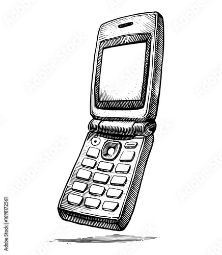 Flip phone in a vintage technical illustration style, in black and white