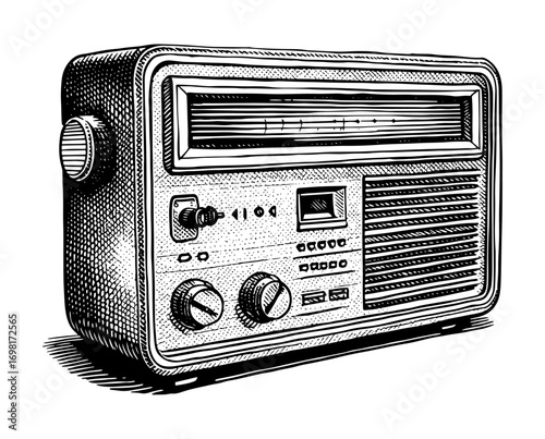 Vintage radio receiver in a detailed woodcut style, in black and white