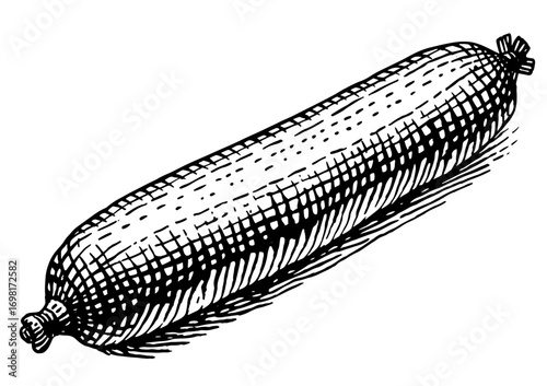 Sausage in a vintage woodblock print style, in black and white