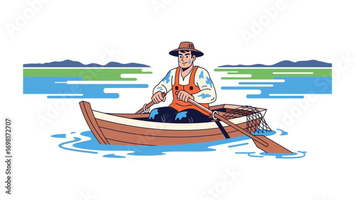 A Fisher's Solitude: A lone fisherman navigates the calm waters in a small wooden boat. The image depicts a tranquil scene of a lone fisherman at work.
