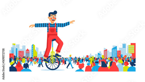 The Unicyclist's Urban Show: A cheerful unicyclist, balances gracefully upon his single wheel amidst a vibrant cityscape, captivating the attention of the bustling crowds around him.