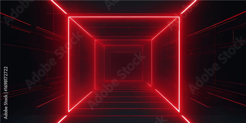 Red abstract tunnel with glowing light lines and futuristic digital design