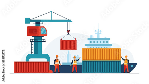 Shipping Logistics:  A detailed illustration shows the seamless coordination of transport,  with a ship and dock workers and crane in operation, loading and unloading shipping containers.