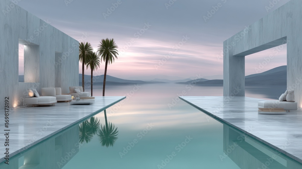 Fototapeta premium Minimalist marble infinity pool overlooking serene ocean