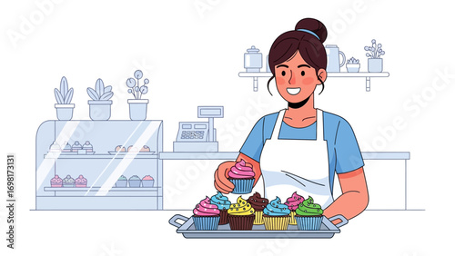 Sweet Treats Artisan: A cheerful baker arranges an assortment of colorful cupcakes on a tray within a charming shop, ready to delight with every bite.