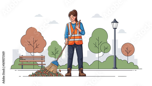 The Caretaker's Sweep: A dedicated caretaker diligently sweeps leaves, contributing to the upkeep of a community green space, symbolizing urban vitality and environmental responsibility.