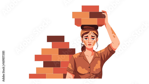 Bricklayer with Burdens: A resolute worker carries a stack of bricks atop her head. In a scene of labor and perseverance.