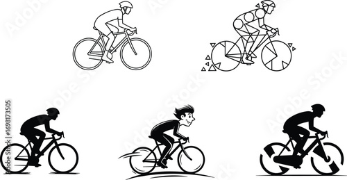 Cyclist vector silhouette, cartoon and geometric bike rider illustrations, racing bicycle sport graphics, road cycling man icons set