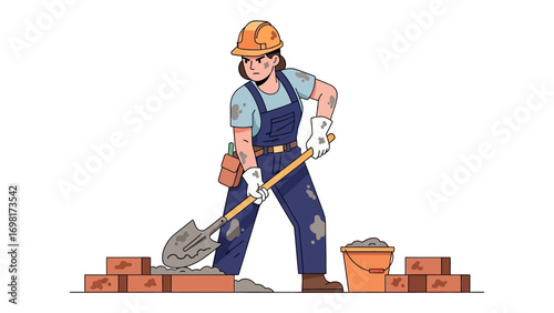 Bricklayer at Work: A determined bricklayer meticulously works on a construction site, shaping a structure, demonstrating dedication and skill in her profession.