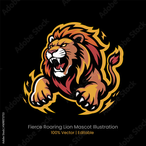 Fierce Roaring Lion Mascot Illustration: A powerful illustration captures the raw energy of a lion, its mouth wide in a roar, symbolizing strength and dominion.