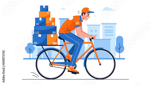 Delivery Cyclist on Urban Route: A vibrant illustration captures a dedicated delivery cyclist navigating a bustling city, balancing a tower of packages with precision and speed.