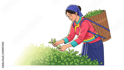 Tea Harvester: Witness the art of tea harvesting as a worker carefully plucks fresh green tea leaves, embodying the tradition and serenity of tea cultivation.