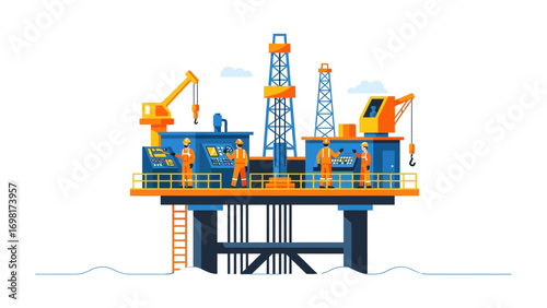 Oil Rig and the Working: A detailed illustration of an offshore oil rig, showcasing the complex structure and activities of the energy industry, with workers diligently engaged in their duties.