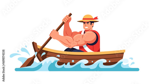 Man Rowing Boat with Power: a Strong Man Displays immense strength, as he vigorously rows a wooden boat through the tumultuous waves. A symbol of resilience and determination in action.