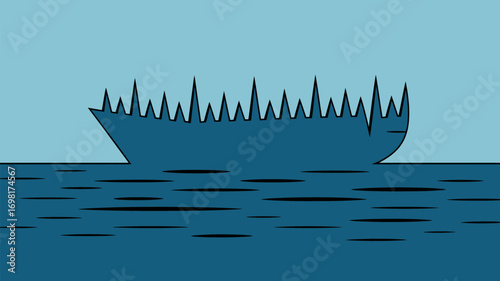A blue ship with many sharp spikes sailing on a blue sea under a light blue sky in a cartoon style