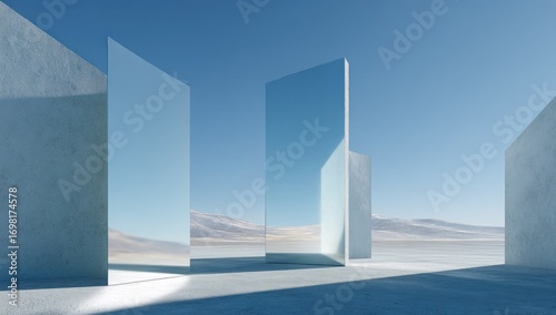Abstract desert landscape with reflective panels. Light-toned concrete structures, mirrored surfaces, and a clear sky