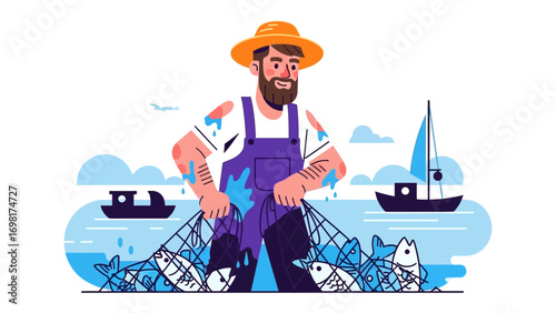 Fisherman's Bounty: A seasoned fisherman, weathered by the sea, hauls in a bountiful catch. The illustration captures a moment of hard work and the rewards of a day's labor.