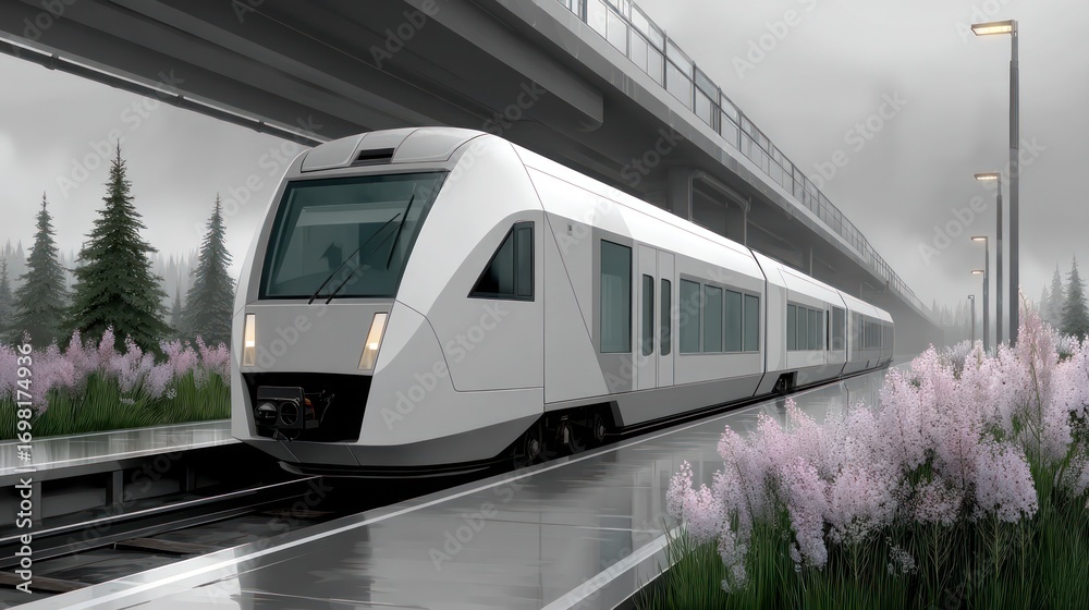 Fototapeta premium Modern train on a misty platform, passing under a bridge, surrounded by vegetation