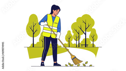 Park Gardener at Work: A diligent park gardener tends to the greenery, meticulously sweeping fallen leaves from the pathway and embodying dedication to maintaining a pristine outdoor space.