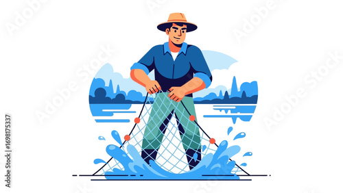 Fisherman and the Net: A strong and experienced fisherman working with a net. The scene captures the beauty of labor in the water, offering a glimpse into the life of dedication. 