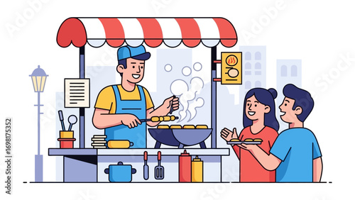 Street Food Stall Delight: A vibrant illustration captures the essence of street food culture, showcasing a cheerful vendor serving delicious treats to eager customers.