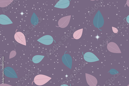 Pink and blue-green leaves on a purple background. Seamless pattern under clipping mask, convenient for editing. Flat style. Elegant background for cover, textile, wrapping paper, wallpaper.