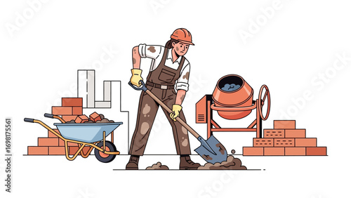 Bricklayer's Craft: A construction worker, meticulously shaping the foundations, diligently working with a shovel amidst bricks, wheelbarrow, and cement mixer.