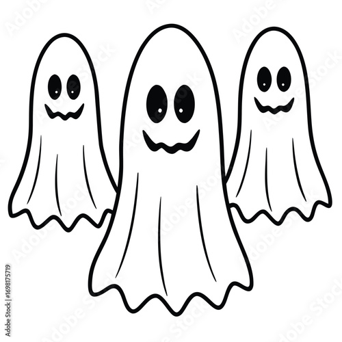 Ghost Halloween horror set line art silhouette vector illustration.