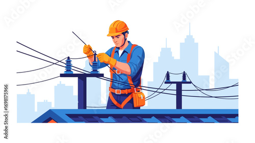 Electrician's Skillful Work: A dedicated electrician, adorned in protective gear, meticulously works on electrical wires against a backdrop of the urban skyline, embodying precision and skill.