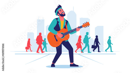 Melody of the City: An artistic depiction of a musician serenading the city, his music resonating amidst the bustling crowd.