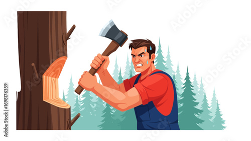 Lumberjack at Work: A determined lumberjack swings an axe with powerful effort, working on a towering tree in a serene forest, highlighting the blend of human and environment interactions.