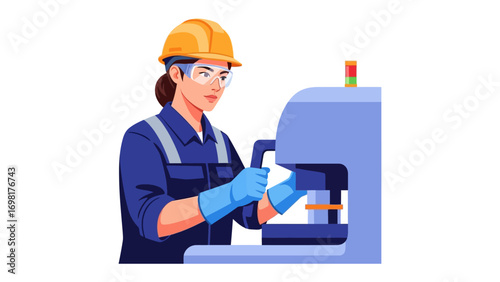 Hard at Work: A diligent worker in the factory setting, she concentrates on the machinery at hand.